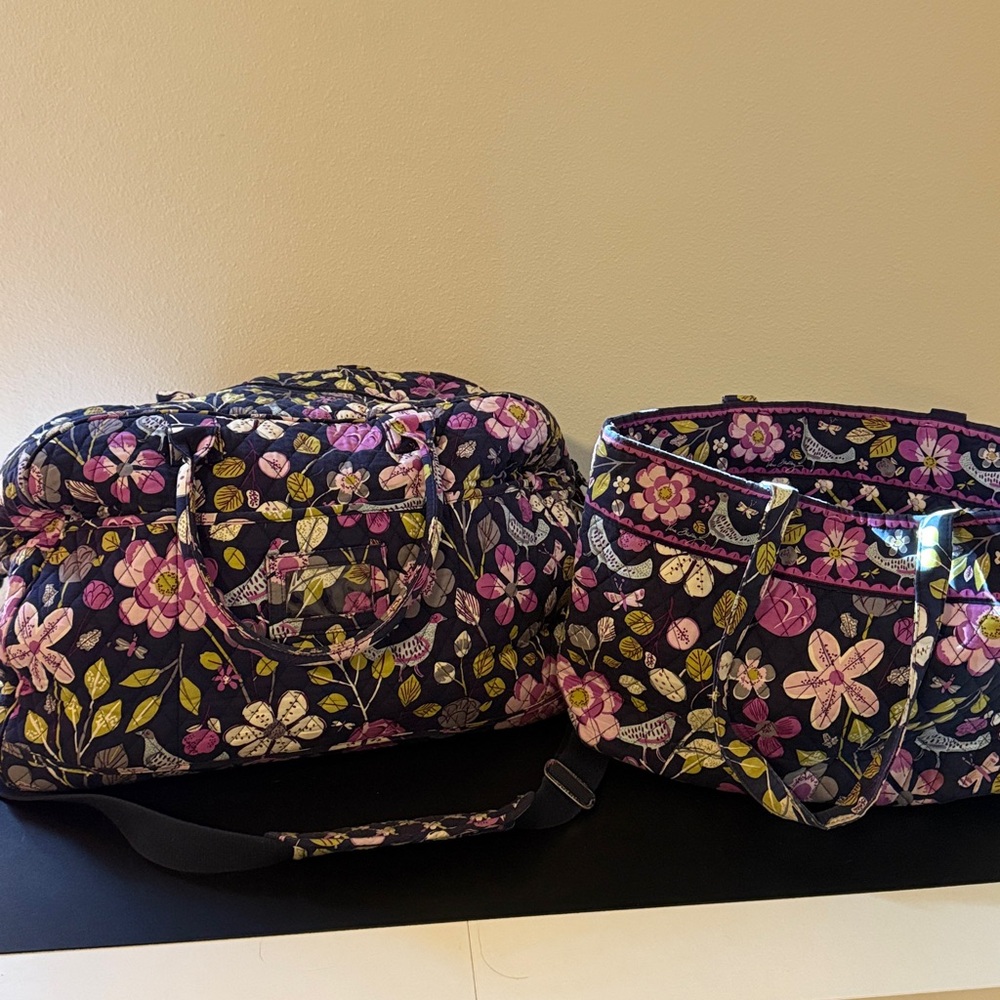 Vera Bradley Navy and Purple Floral Weekender bag with matching tote.